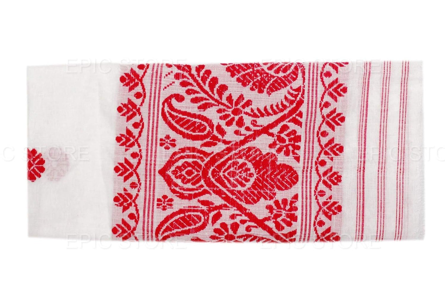Handcrafted Assamese Cottony Soft gamosa, Full Embroidery Work,55" * 25" Red and White gamosa