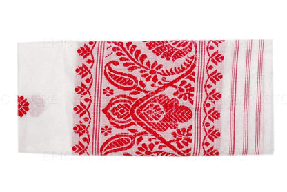 Handcrafted Assamese Cottony Soft gamosa, Full Embroidery Work,55" * 25" Red and White gamosa