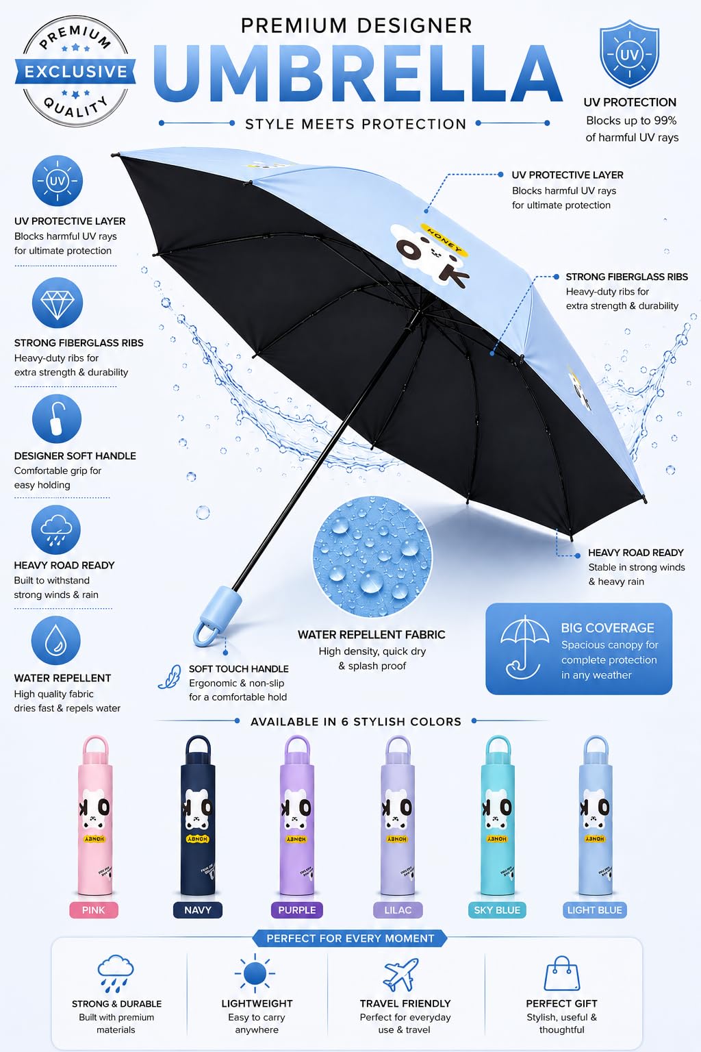 Cute Bear Print Compact 3 fold umbrella, UV Protection Dual Use