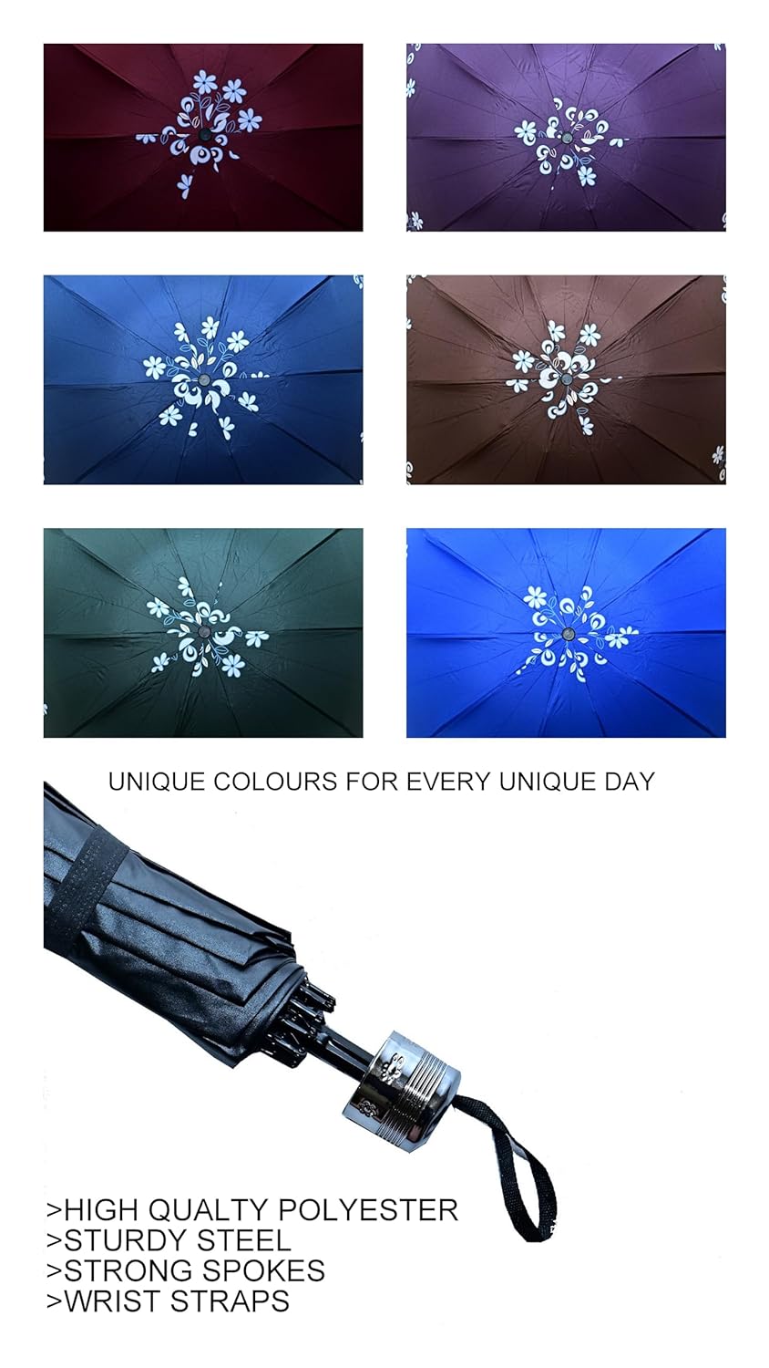 Floral Print Solid Color Stylish 3-Fold UV Protection Umbrella For Women Pack of 1