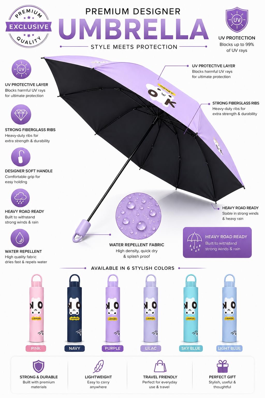 Cute Bear Print Compact 3 fold umbrella, UV Protection Dual Use