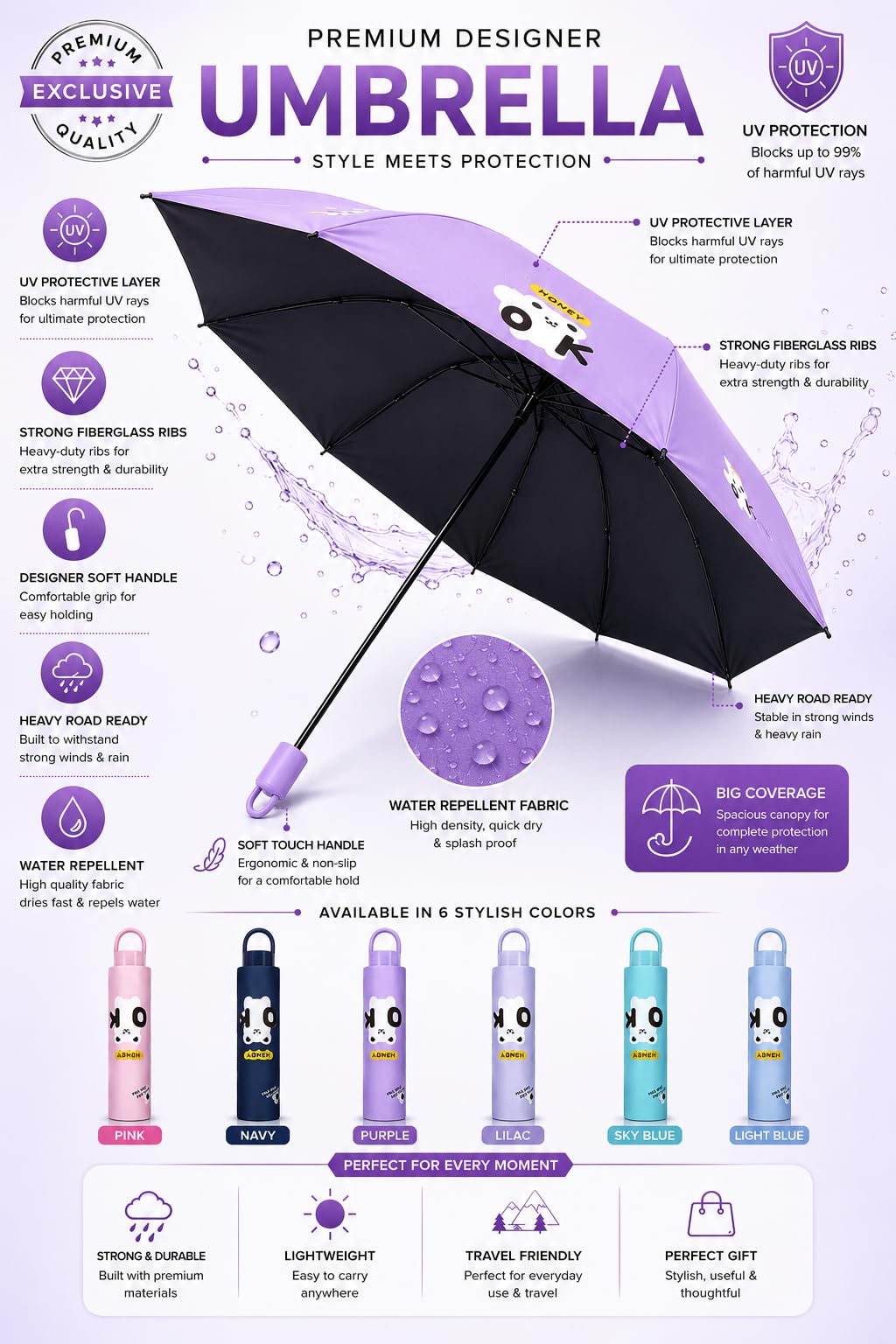 Cute Bear Print Compact 3 fold umbrella, UV Protection Dual Use