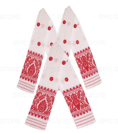 Handcrafted Assamese Cottony Soft gamosa, Full Embroidery Work,55" * 25" Red and White gamosa