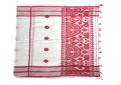 Assam's Handicrafted Cottony Soft gamosa, Full Embroidery Work,150 * 60cms Red and White, PACK OF 2