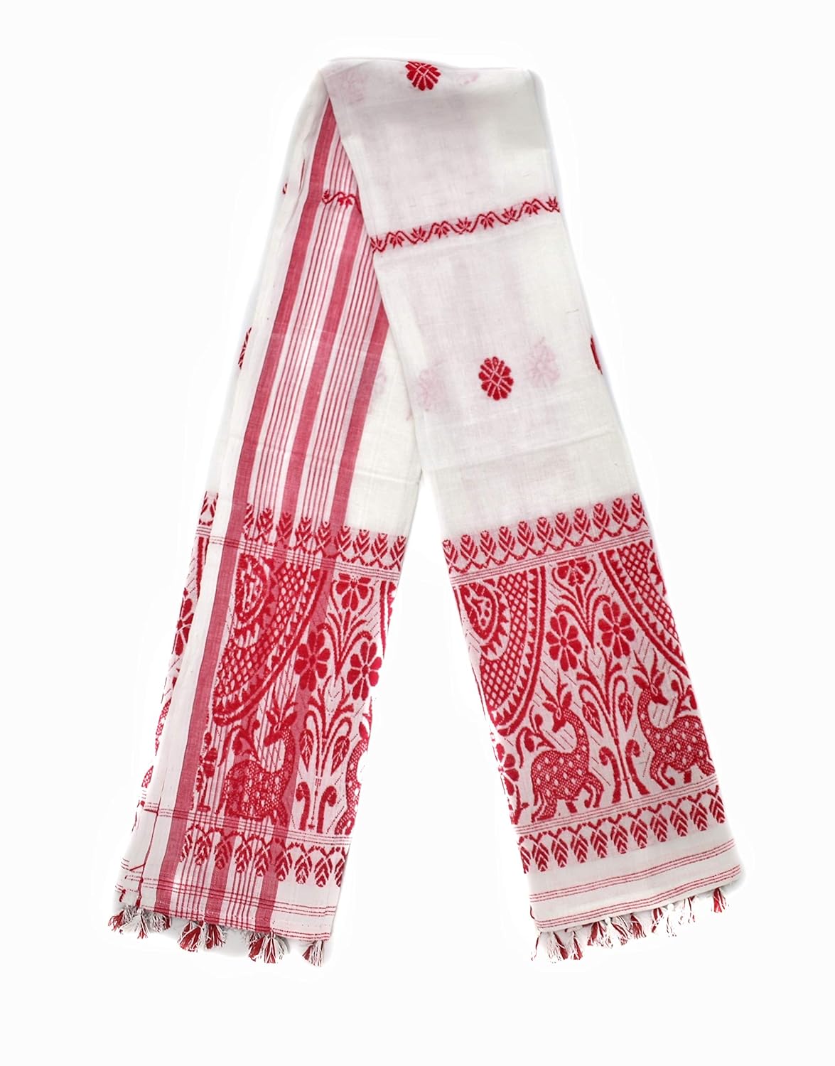 Assam's Handicrafted Cottony Soft gamosa, Full Embroidery Work,150 * 60cms Red and White, PACK OF 3