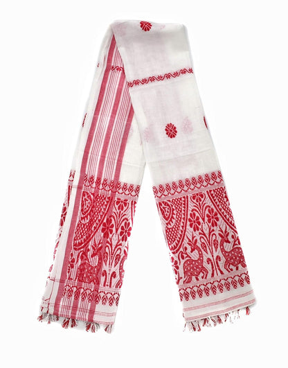 Assam's Handicrafted Cottony Soft gamosa, Full Embroidery Work,150 * 60cms Red and White, PACK OF 3