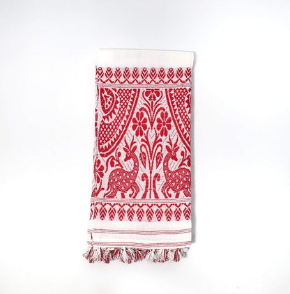 Assam's Handicrafted Cottony Soft gamosa, Full Embroidery Work,150 * 60cms Red and White, PACK OF 3