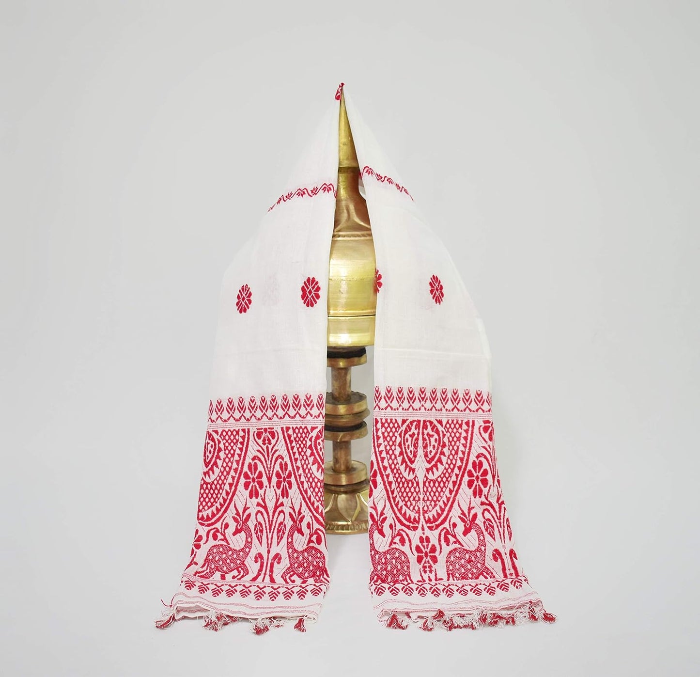Assam's Handicrafted Cottony Soft gamosa, Full Embroidery Work,150 * 60cms Red and White, PACK OF 3