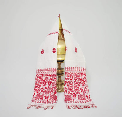 Assam's Handicrafted Cottony Soft gamosa, Full Embroidery Work,150 * 60cms Red and White, PACK OF 3