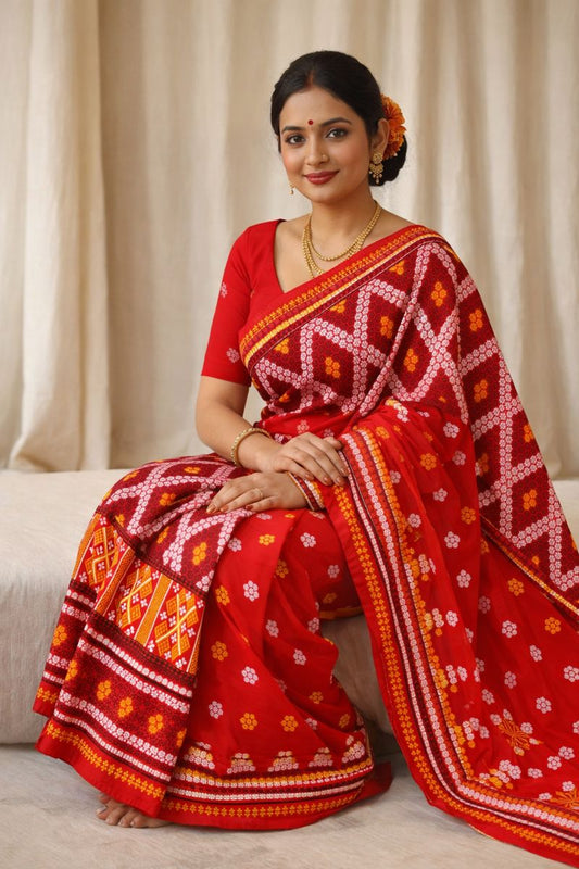 Missing Mekhela Chador Set,Fixed Pari | Elegant Handwoven Design | Red
