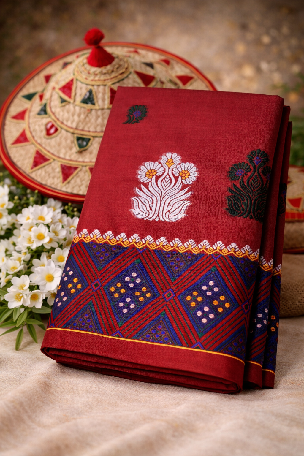Trending Khicha Cotton Garo Moffits Assamese traditional Mekhela Chador Set Red