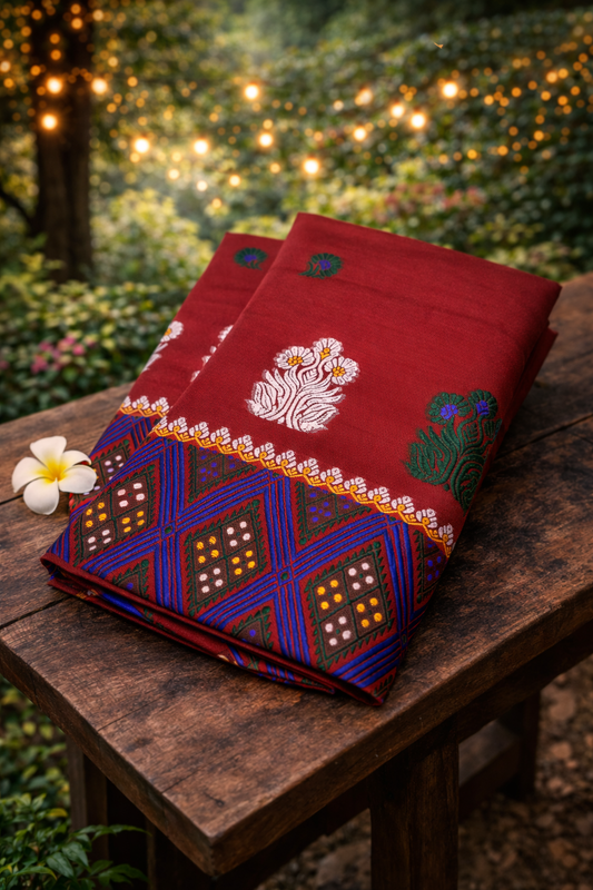 Trending Khicha Cotton Garo Moffits Assamese traditional Mekhela Chador Set Red