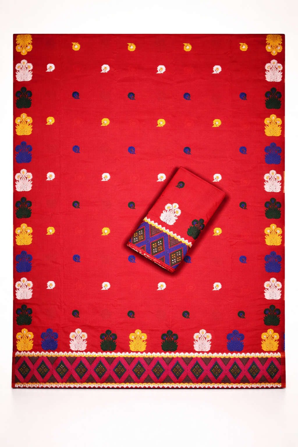 Trending Khicha Cotton Garo Moffits Assamese traditional Mekhela Chador Set Red