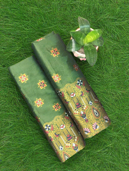 Mekhela Chador Golden Zari Green Assam Traditional Attair