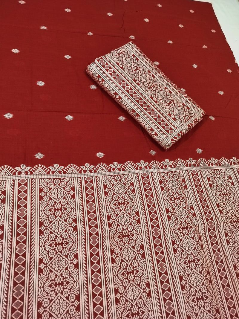 Premium Wash Cotton | Mekhela Chador Set | Trending Embroidery Designer | Maroon