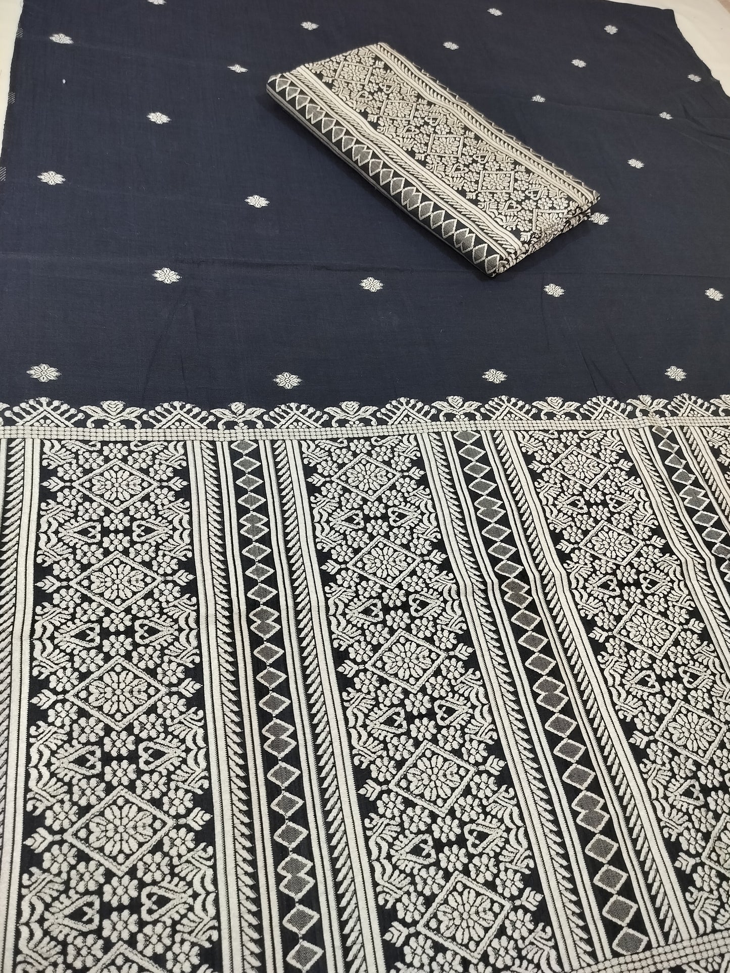 Premium Wash Cotton | Mekhela Chador Set | Trending Embroidery Designer | Navy