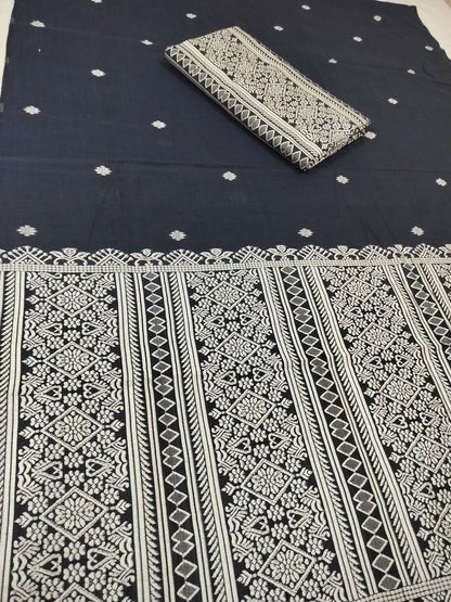 Premium Wash Cotton | Mekhela Chador Set | Trending Embroidery Designer | Navy