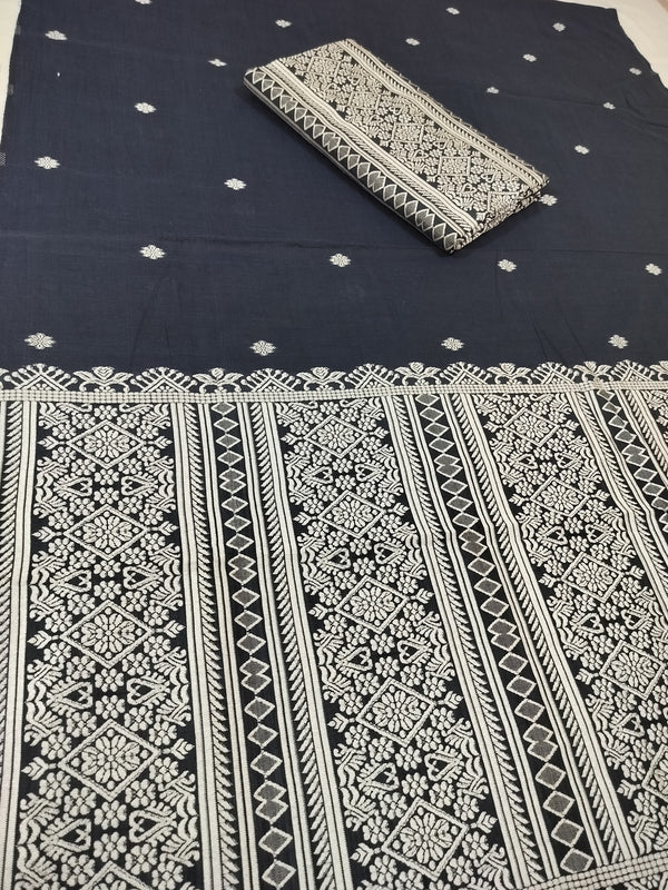 Premium Wash Cotton | Mekhela Chador Set | Trending Embroidery Designer | Navy