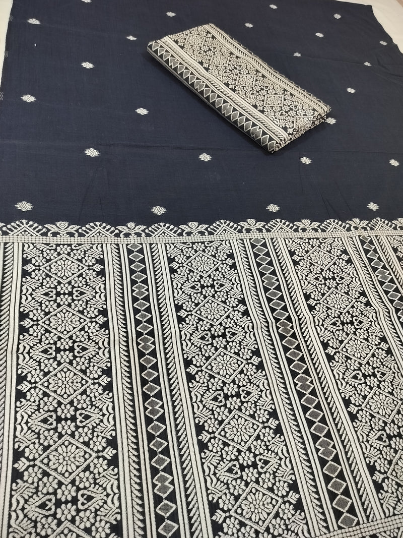 Premium Wash Cotton | Mekhela Chador Set | Trending Embroidery Designer | Navy