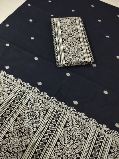 Premium Wash Cotton | Mekhela Chador Set | Trending Embroidery Designer | Navy