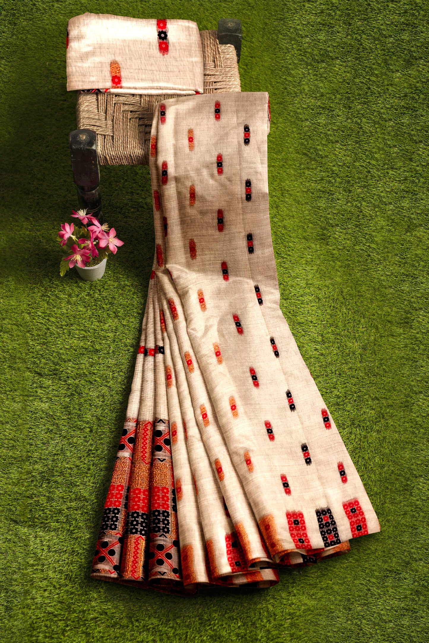 Premium Semi-Toss Muga Mekhela Chador Set, Full Body Embroidery, Pack Of 1
