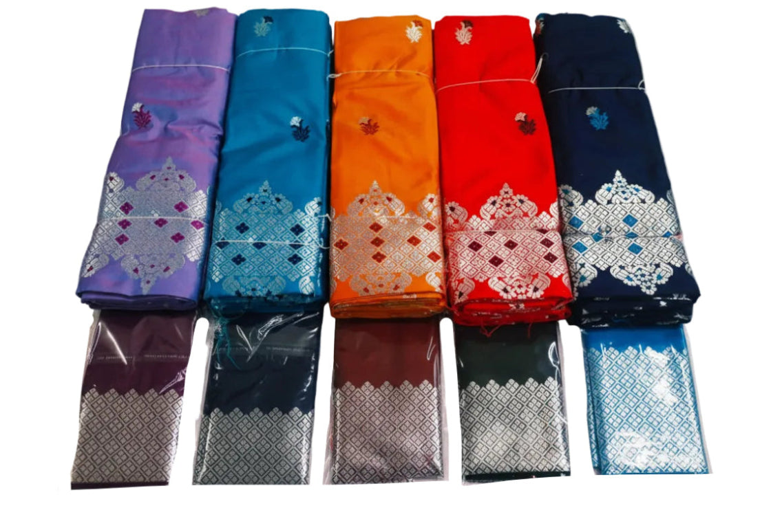 Mekhela Chador Zari Embroidery Assam Traditional Attair With Contrast coloured Blouse