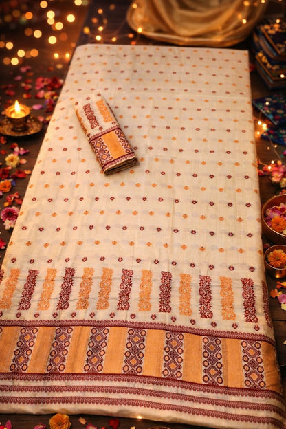 MixPat Muga-Maroon Embroidery Traditional Mekhela Chador set (Off-White-muga)
