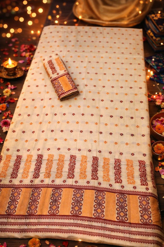MixPat Muga-Maroon Embroidery Traditional Mekhela Chador set (Off-White-muga)