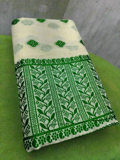 GORGEOUS COTTON BUWA MEKHELA CHADOR DESIGNER EMBROIDERY SET, CREAM