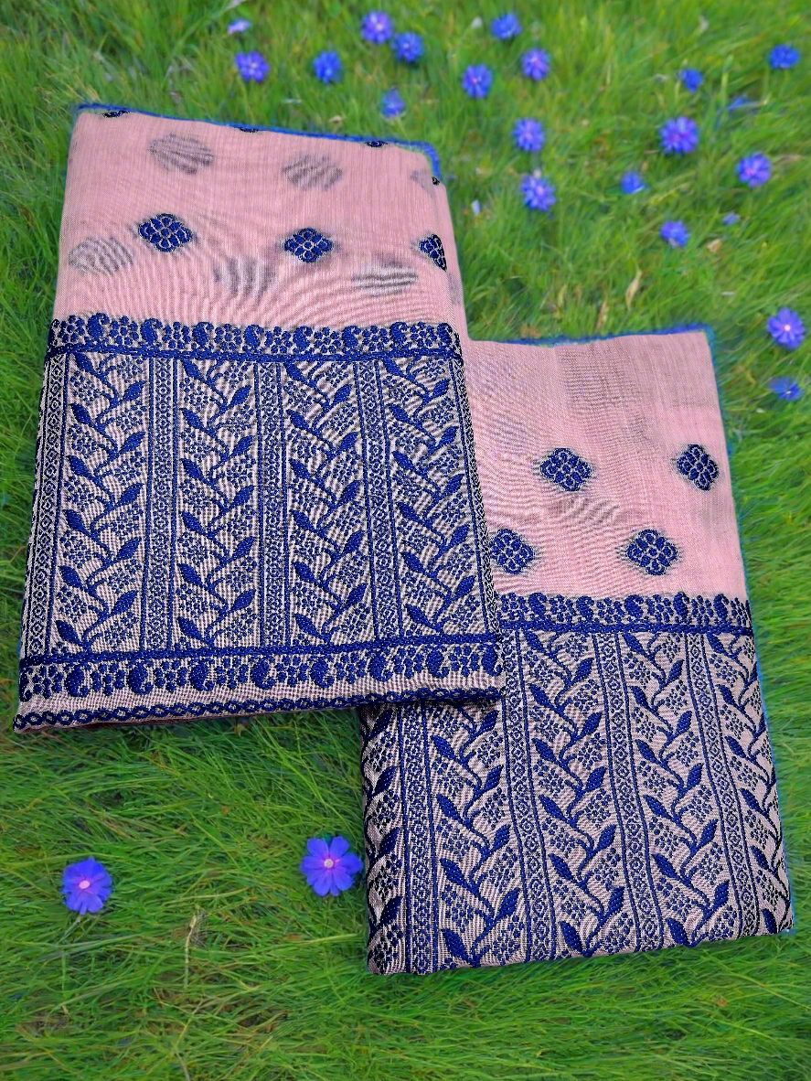 GORGEOUS COTTON BUWA MEKHELA CHADOR DESIGNER EMBROIDERY SET, BABY PINK