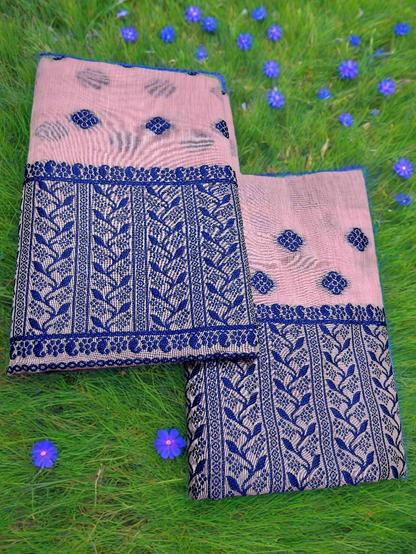 GORGEOUS COTTON BUWA MEKHELA CHADOR DESIGNER EMBROIDERY SET, BABY PINK