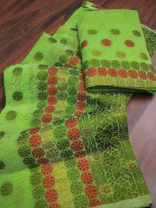 DESIGNER GORGEOUS COTTON BUWA MEKHELA CHADOR DESIGNER EMBROIDERY SET, GREEN