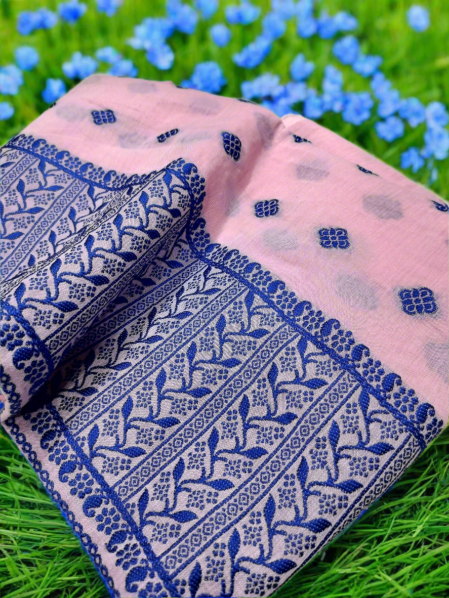 GORGEOUS COTTON BUWA MEKHELA CHADOR DESIGNER EMBROIDERY SET, BABY PINK