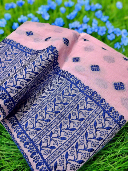 GORGEOUS COTTON BUWA MEKHELA CHADOR DESIGNER EMBROIDERY SET, BABY PINK