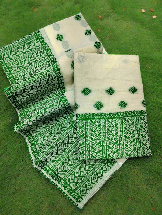GORGEOUS COTTON BUWA MEKHELA CHADOR DESIGNER EMBROIDERY SET, CREAM