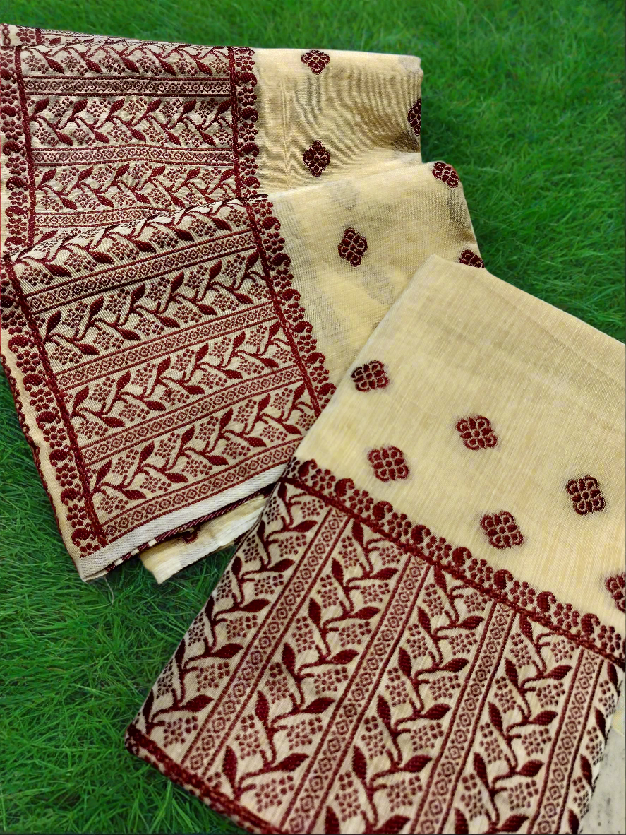 GORGEOUS COTTON BUWA MEKHELA CHADOR DESIGNER EMBROIDERY SET, Peach