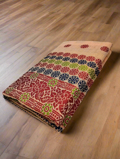 DESIGNER GORGEOUS COTTON BUWA MEKHELA CHADOR DESIGNER EMBROIDERY SET, PEACH