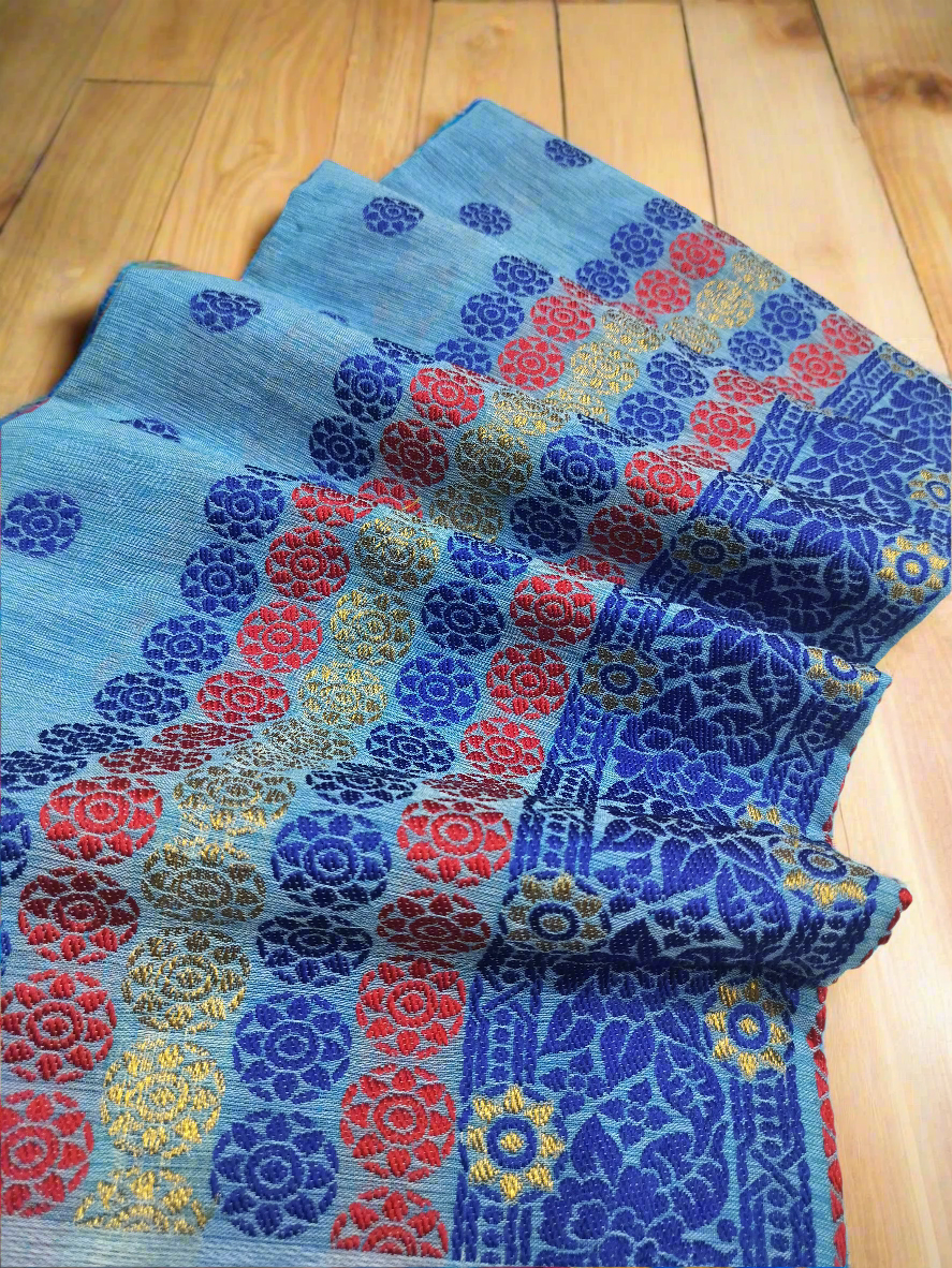 DESIGNER GORGEOUS COTTON BUWA MEKHELA CHADOR DESIGNER EMBROIDERY SET, BLUE