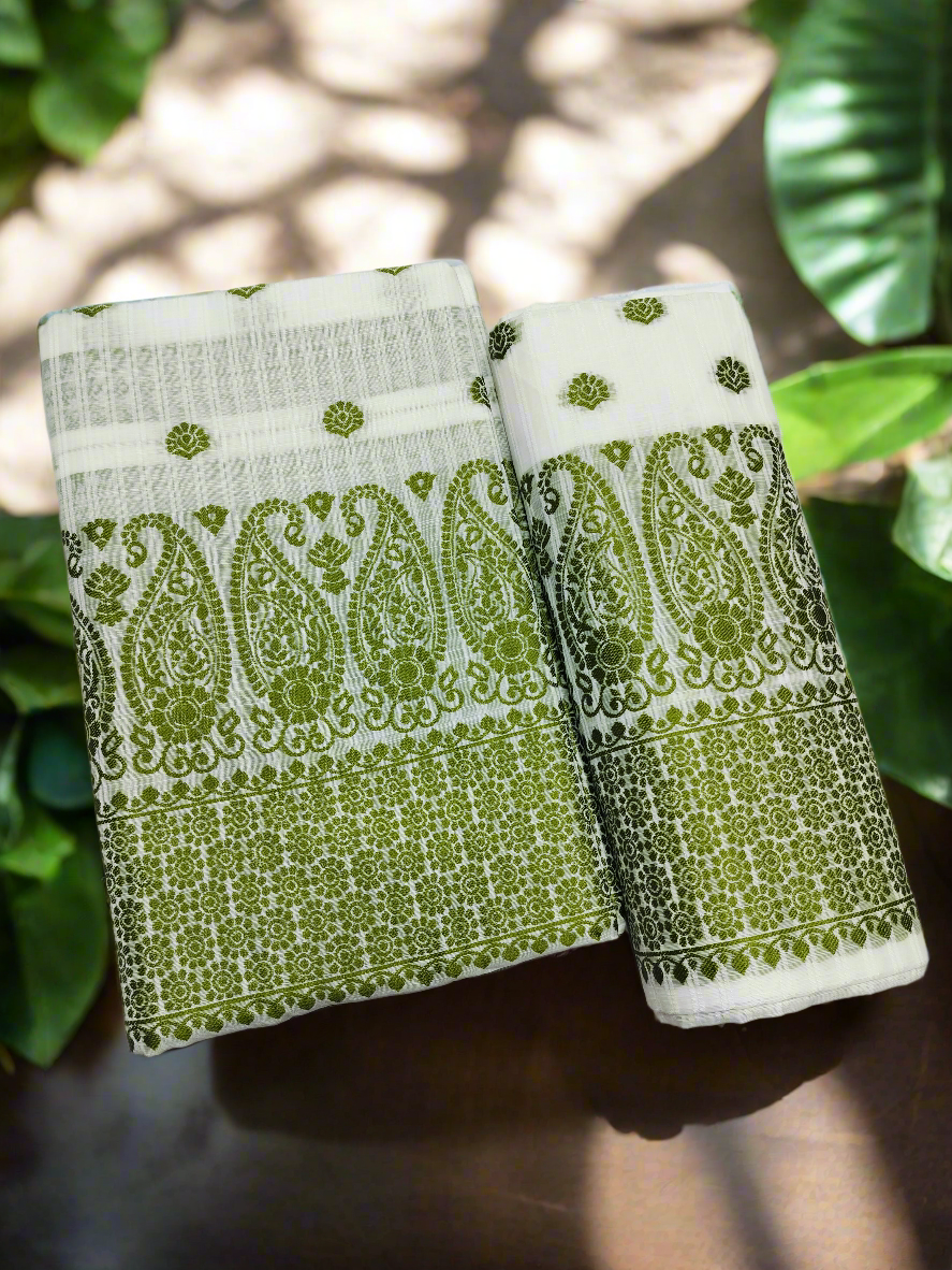 Cotton Mekhela Chador Set - Mehandi Green