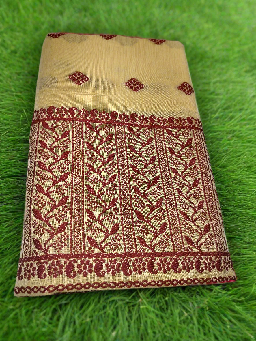 GORGEOUS COTTON BUWA MEKHELA CHADOR DESIGNER EMBROIDERY SET, Peach