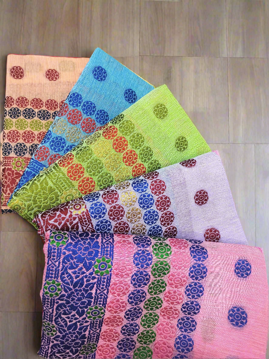 DESIGNER GORGEOUS COTTON BUWA MEKHELA CHADOR DESIGNER EMBROIDERY SET, PEACH