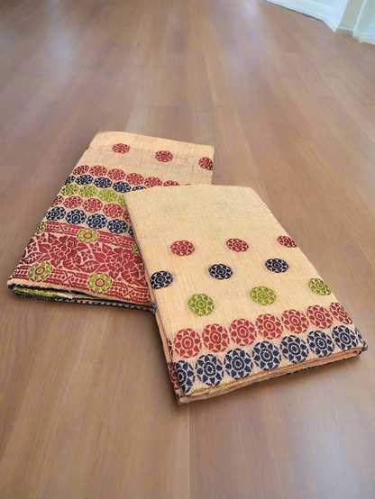 DESIGNER GORGEOUS COTTON BUWA MEKHELA CHADOR DESIGNER EMBROIDERY SET, PEACH