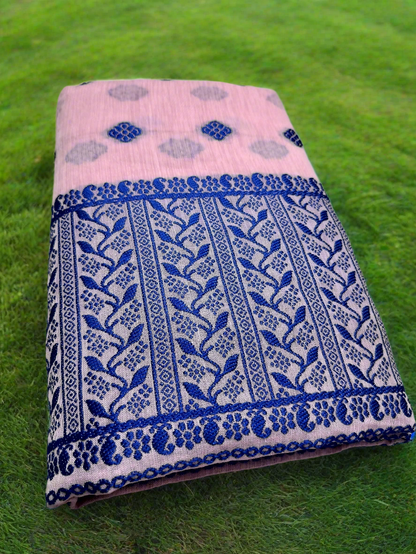 GORGEOUS COTTON BUWA MEKHELA CHADOR DESIGNER EMBROIDERY SET, BABY PINK