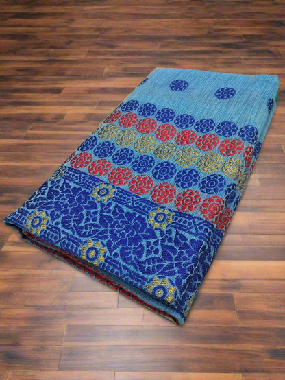 DESIGNER GORGEOUS COTTON BUWA MEKHELA CHADOR DESIGNER EMBROIDERY SET, BLUE