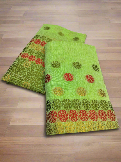 DESIGNER GORGEOUS COTTON BUWA MEKHELA CHADOR DESIGNER EMBROIDERY SET, GREEN