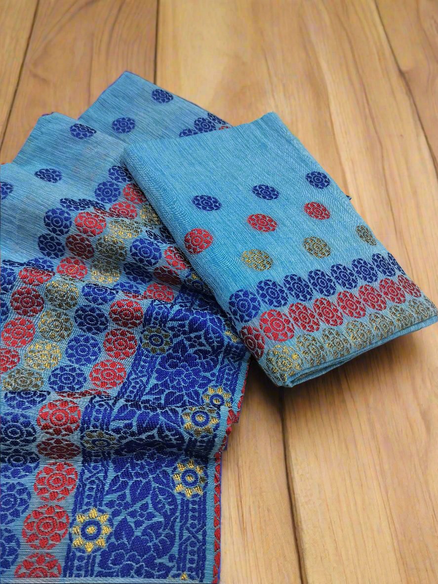 DESIGNER GORGEOUS COTTON BUWA MEKHELA CHADOR DESIGNER EMBROIDERY SET, BLUE