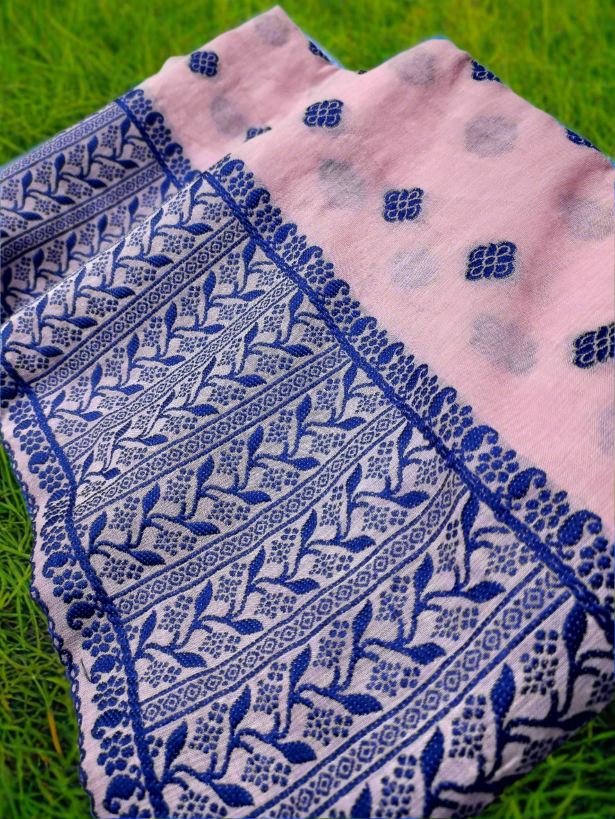 GORGEOUS COTTON BUWA MEKHELA CHADOR DESIGNER EMBROIDERY SET, BABY PINK