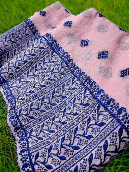 GORGEOUS COTTON BUWA MEKHELA CHADOR DESIGNER EMBROIDERY SET, BABY PINK