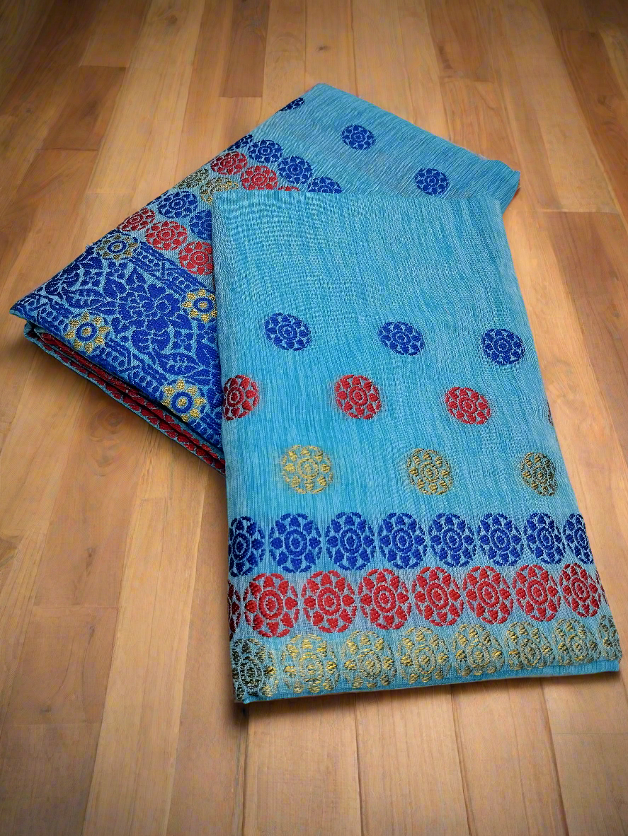 DESIGNER GORGEOUS COTTON BUWA MEKHELA CHADOR DESIGNER EMBROIDERY SET, BLUE