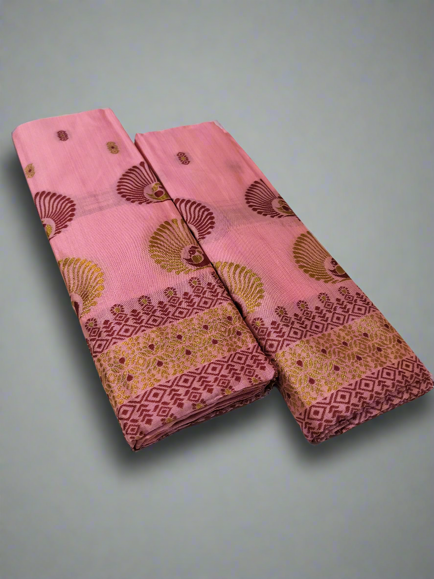 Women's Designer Cotton Mekhela Chador Embroidery With Fixed Pari  in Baby Pink